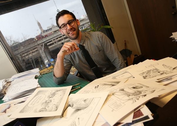 "Without an awesome team and an awesome newsroom, and a city that cares, I couldn't flourish," said News editorial cartoonist Adam Zyglis, who the Pulitzer, Monday, April 20, 2015.