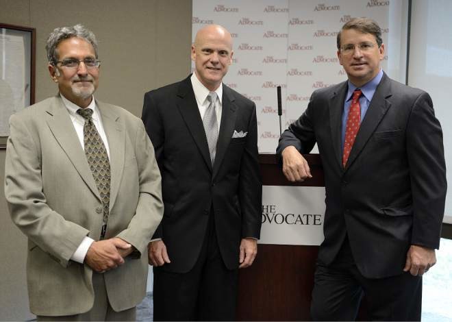 A news conference marking the sale of The Advocate to Georges Media Group was attended by Peter Kovacs, editor of The Advocate; Dan Shea, chief operating officer and general manager; and John Georges, publisher and chief executive officer.