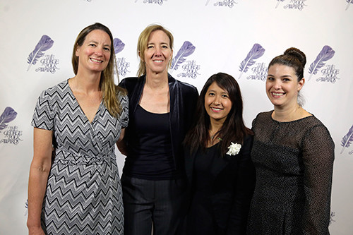 The AP team that investigated seafood caught by slaves poses at the George Polk Awards luncheon in New York,  Friday, April 8, 2016. From left: Martha Mendoza, Robin McDowell, Esther Htusan and Margie Mason.