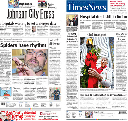 Tuesday's redesigned front pages from the Johnson City Press and Kingsport Times News