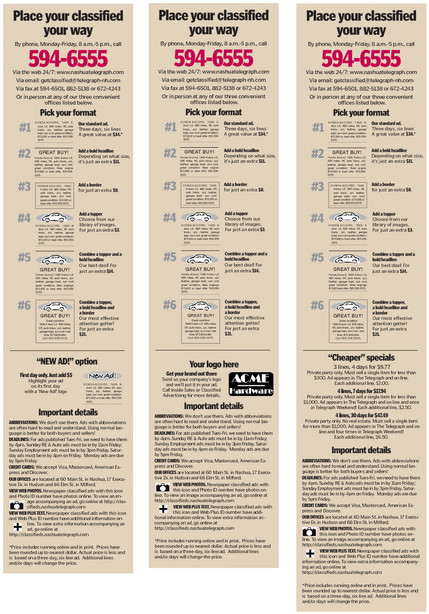 A sample classified "menu" ad. We typically make black and white options, too, and build them in a variety of sizes. It works best when you can put real pricing in the ads, but with so many rates, that is difficult for most papers.